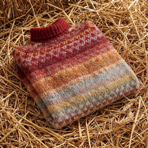 Cotton Turtleneck with Nordic Pattern Red-Brown