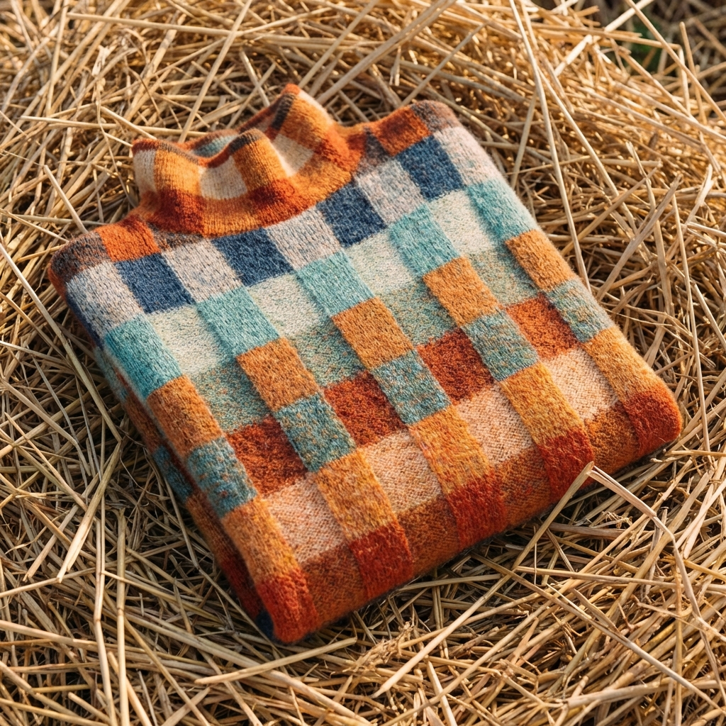 Cotton Checkered Sweater in Autumn Colors
