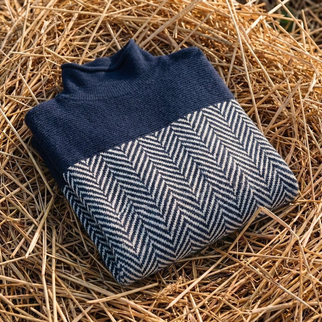 Cotton Turtleneck Dark Blue with Zigzag Pattern