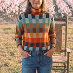 Cotton Checkered Sweater in Autumn Colors
