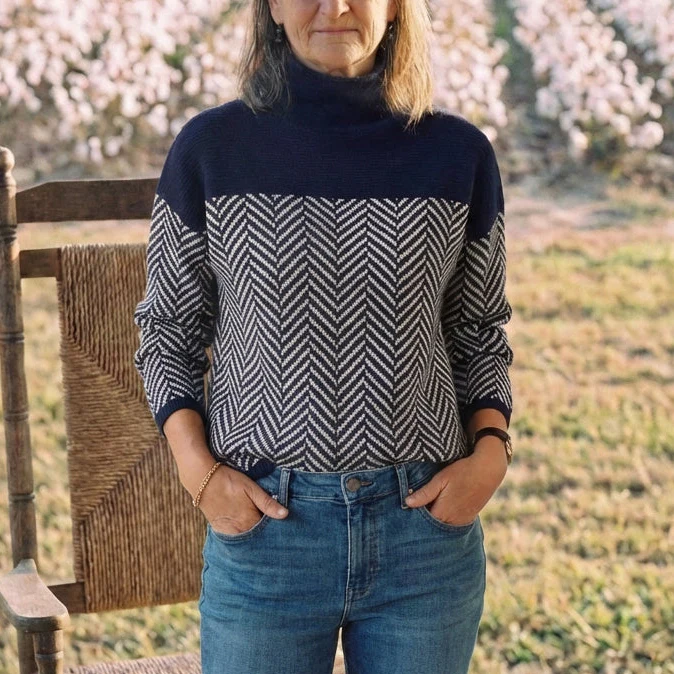 Cotton Turtleneck Dark Blue with Zigzag Pattern