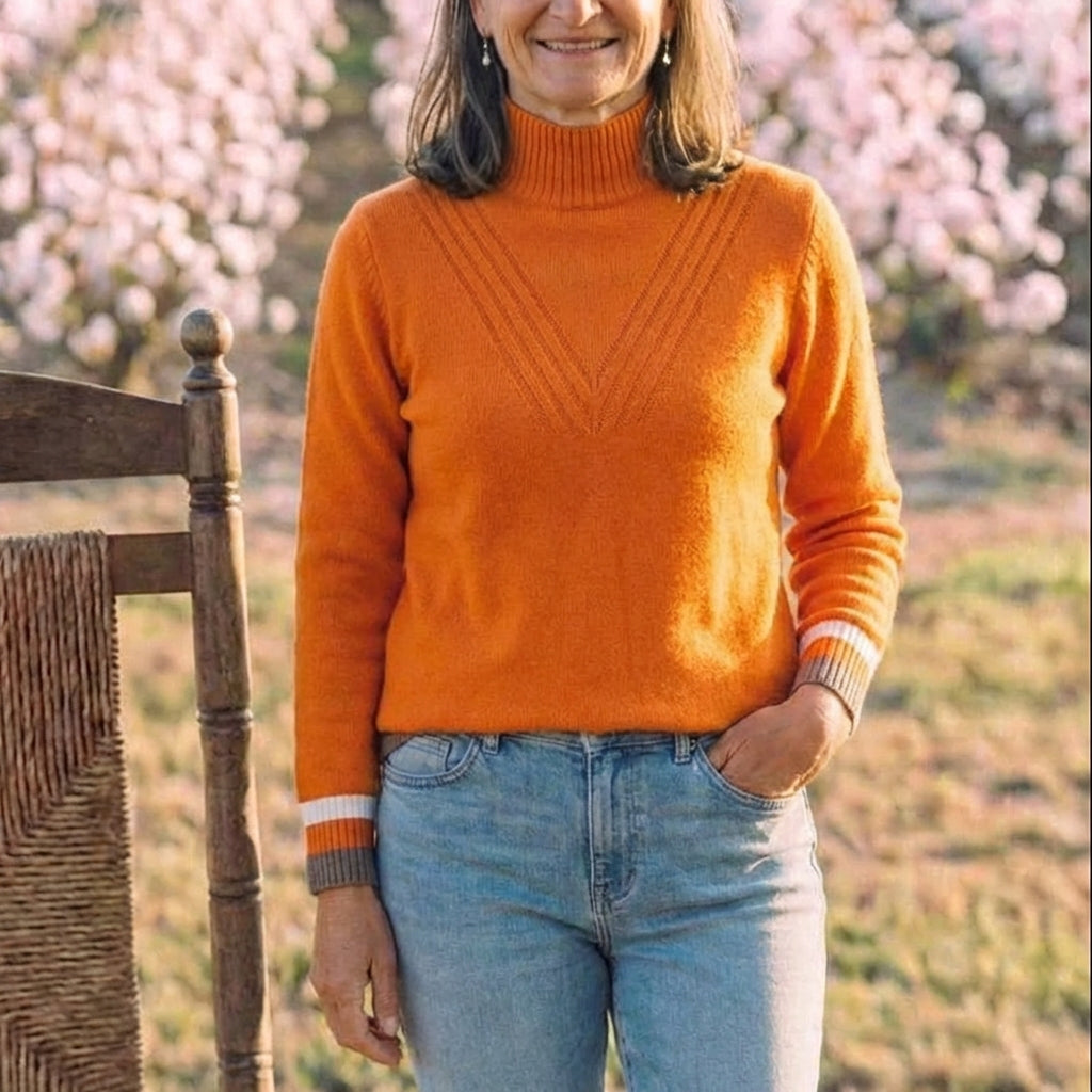 Cotton Turtleneck Sweater with Striped Cuff