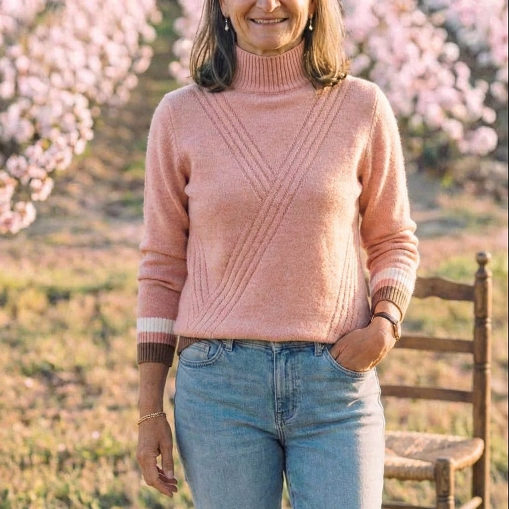 Cotton Turtleneck Sweater with Striped Cuff