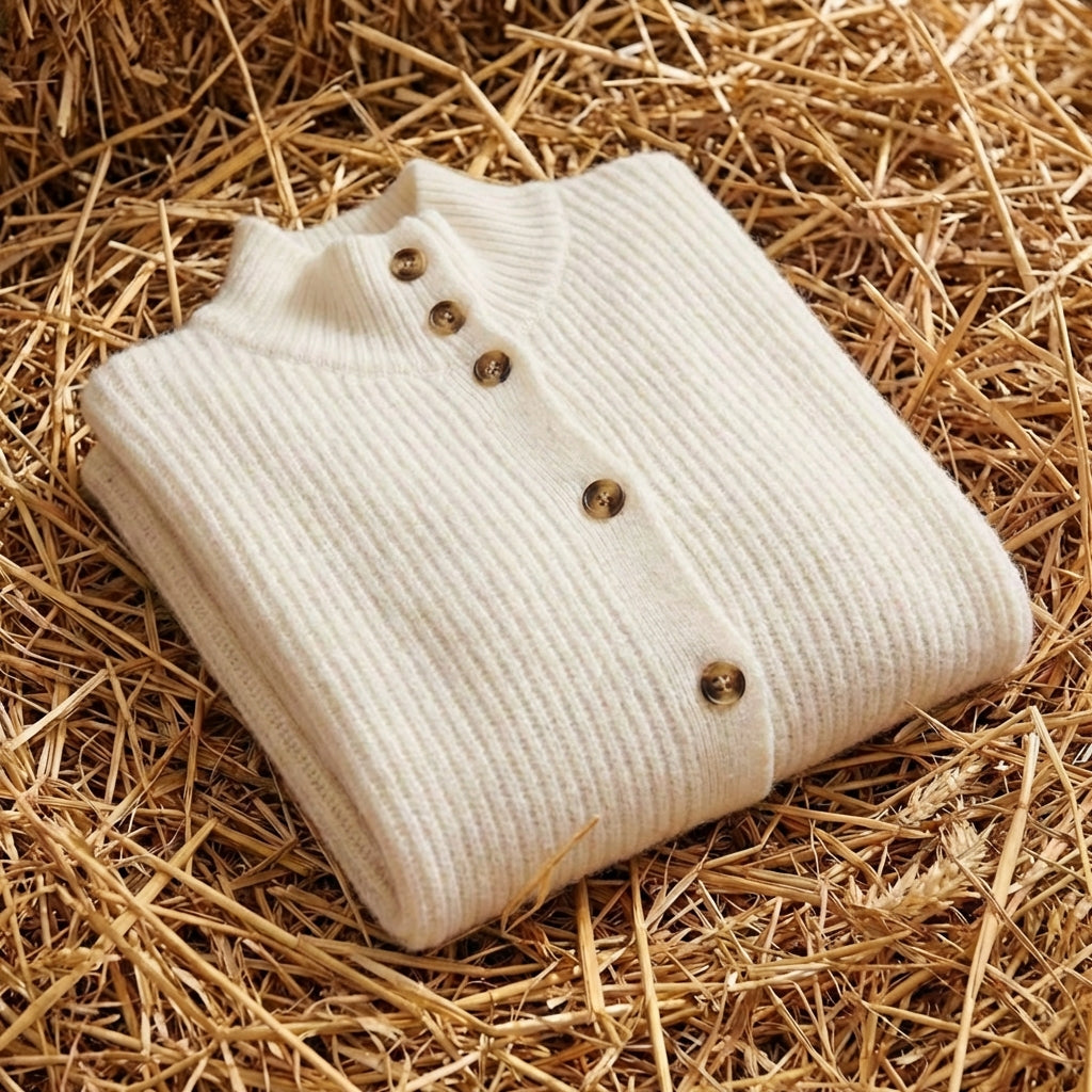 Cotton Turtleneck Cardigan with Ribbed Button Closure