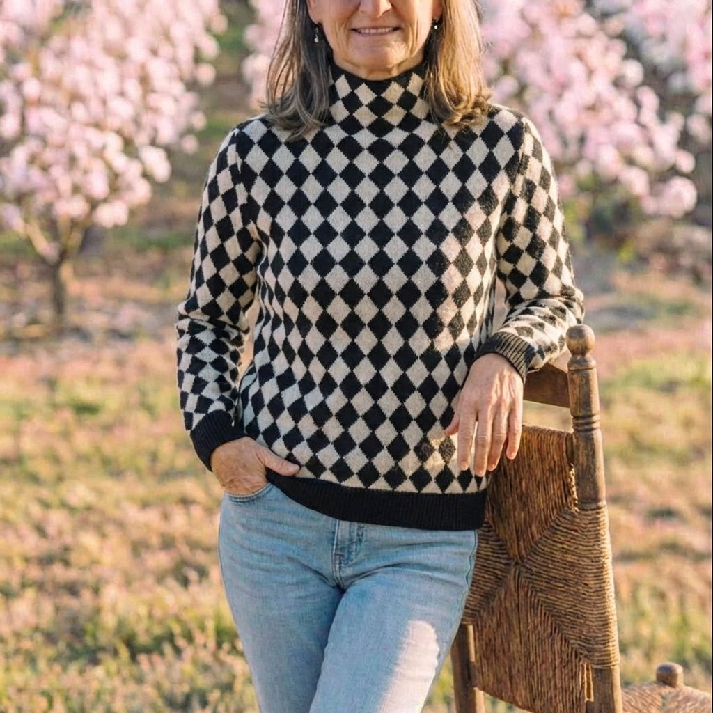 Cotton Turtleneck in Houndstooth Black-White