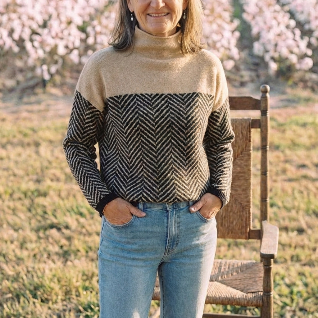 Cotton Turtleneck Dark Blue with Zigzag Pattern