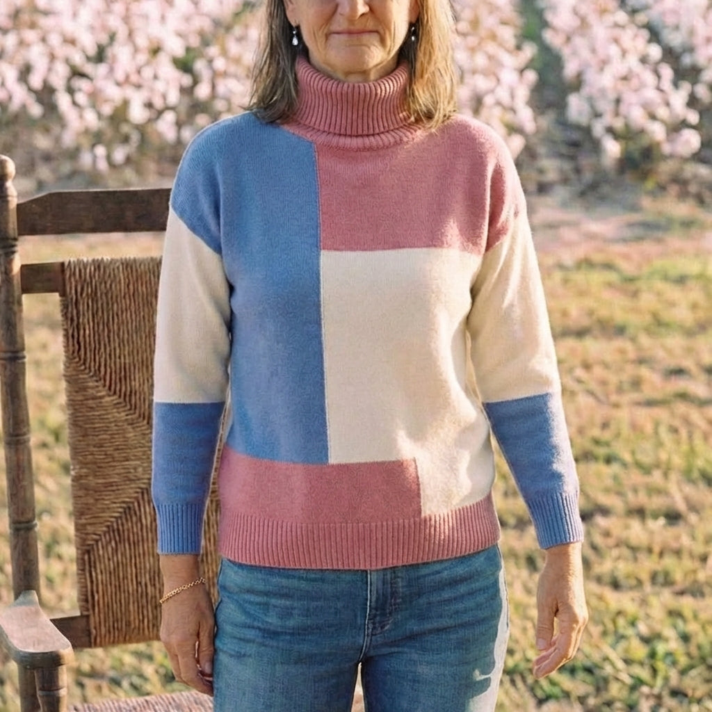 Cotton Turtleneck Sweater with Color-Block