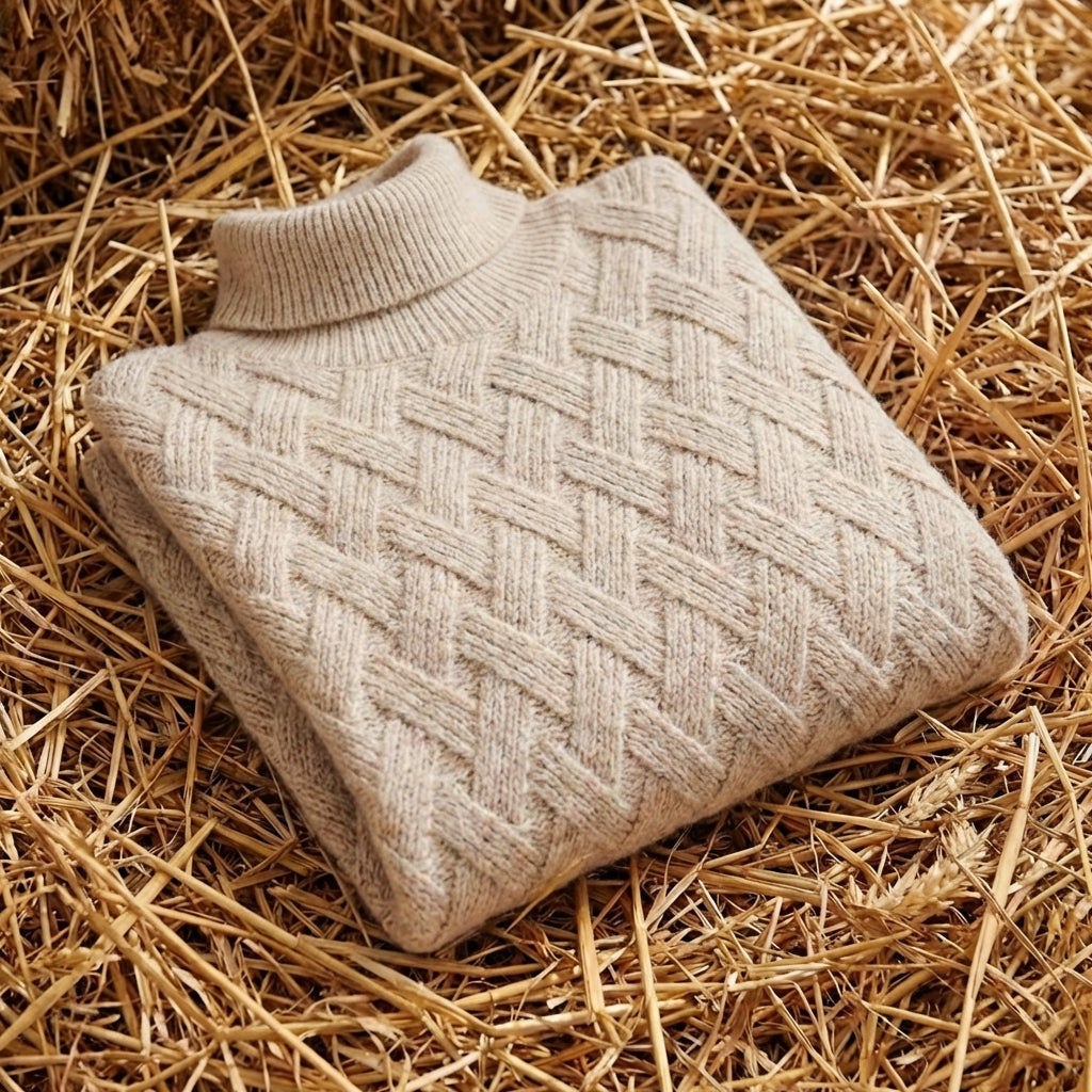 Cotton Turtleneck Sweater with Herringbone Knit