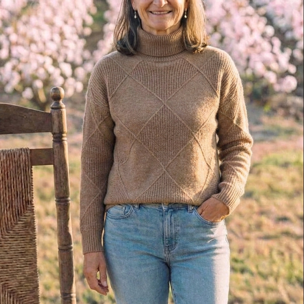 Cotton Turtleneck Sweater with Diamond Knit