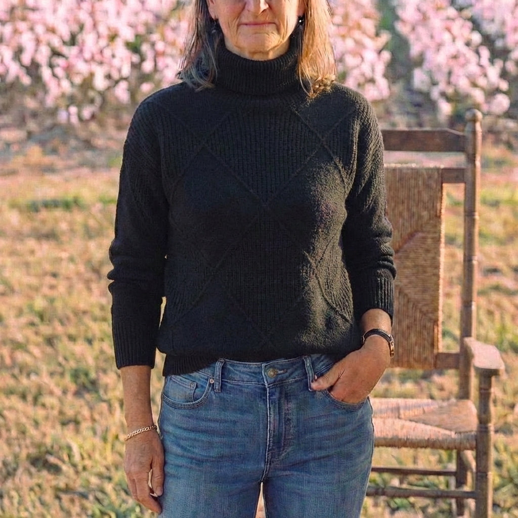 Cotton Turtleneck Sweater with Diamond Knit