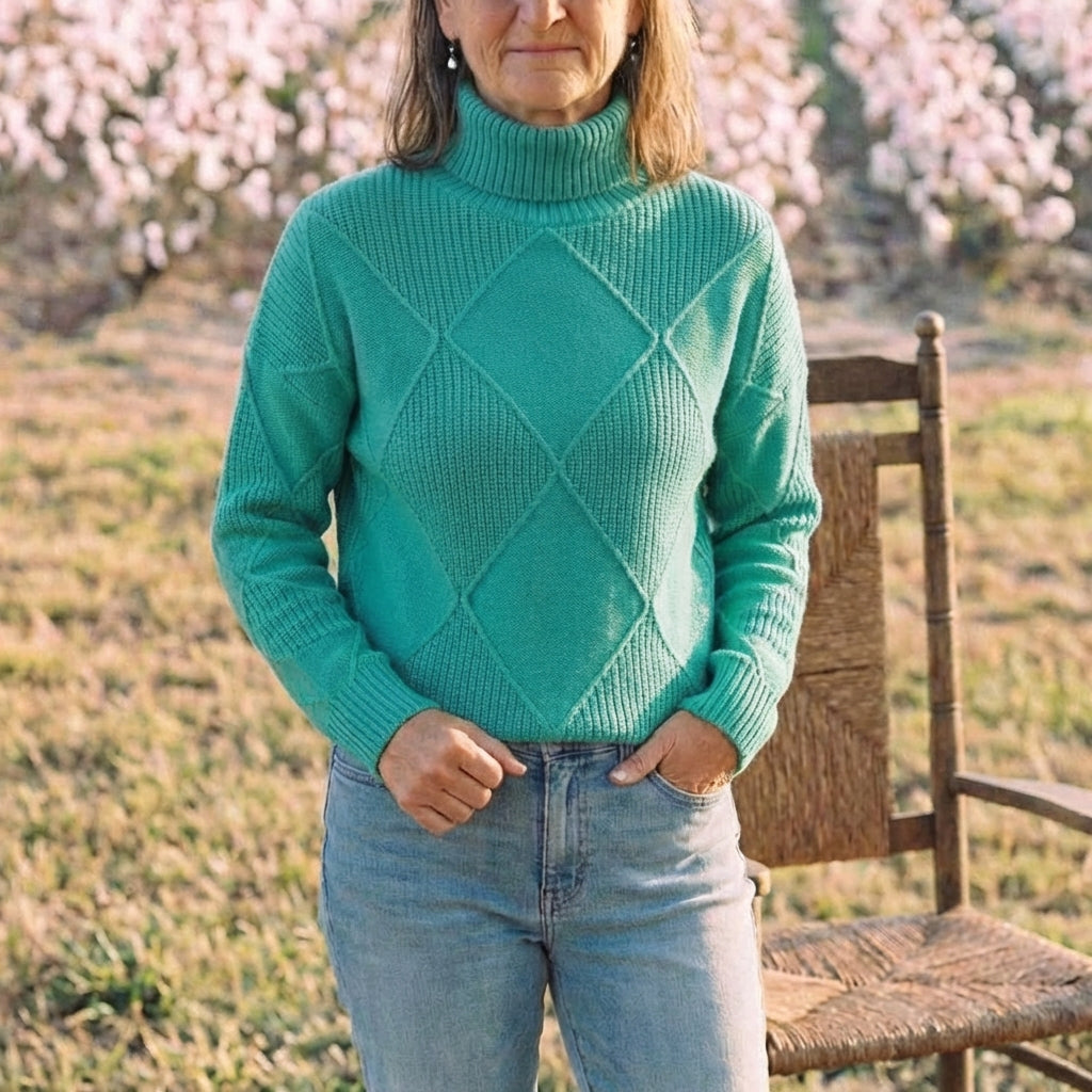 Cotton Turtleneck Sweater with Diamond Knit