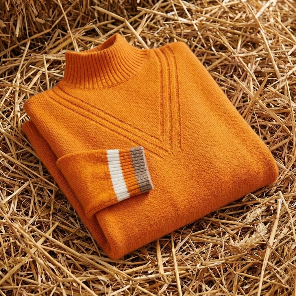 Cotton Turtleneck Sweater with Striped Cuff