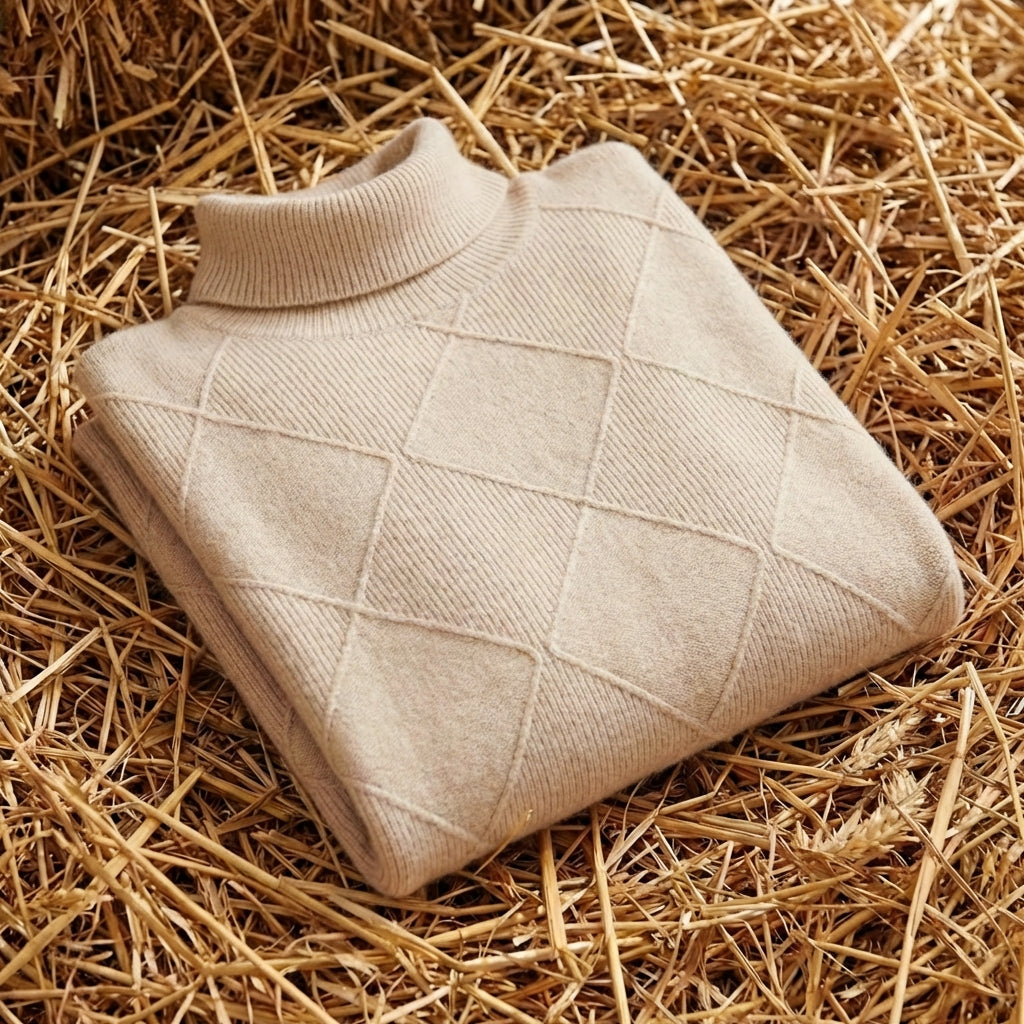 Cotton Turtleneck Sweater with Diamond Knit