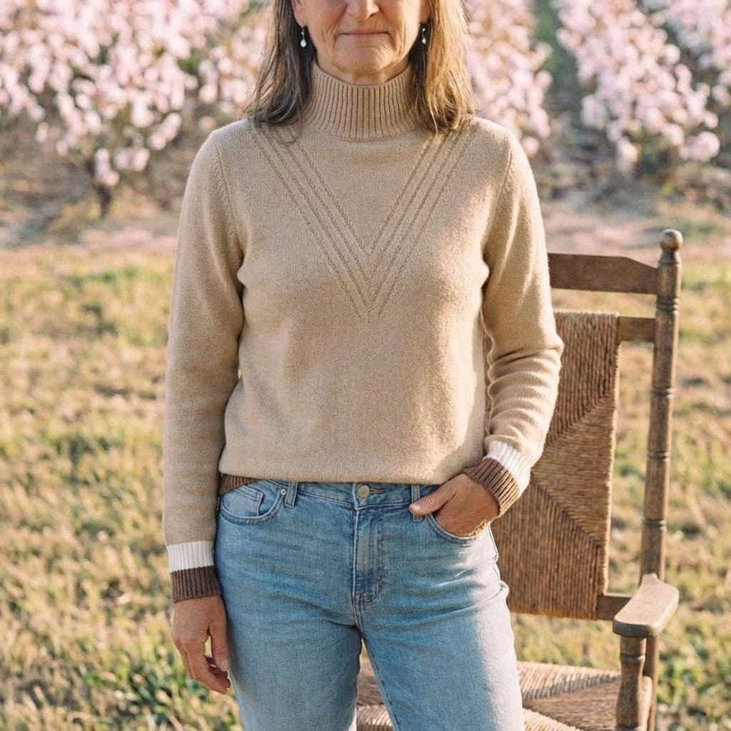 Cotton Turtleneck Sweater with Striped Cuff