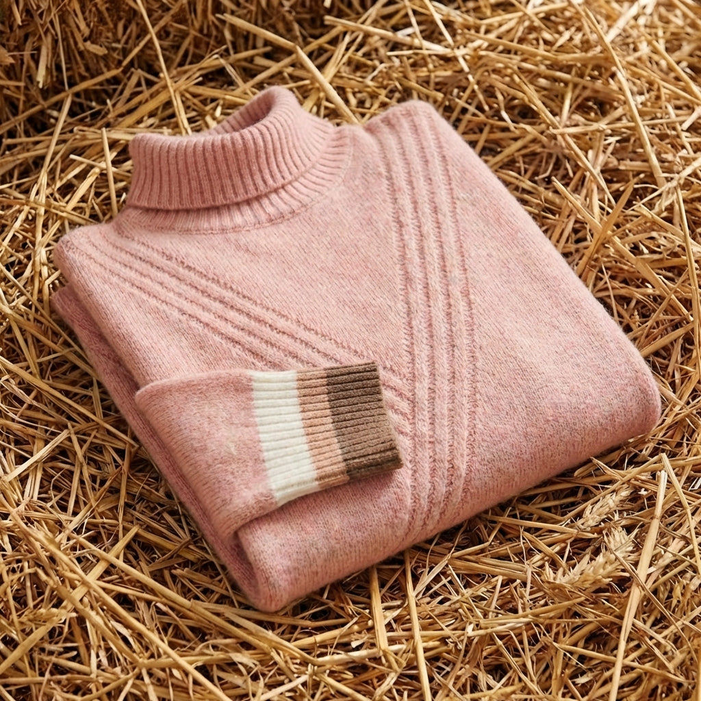 Cotton Turtleneck Sweater with Striped Cuff