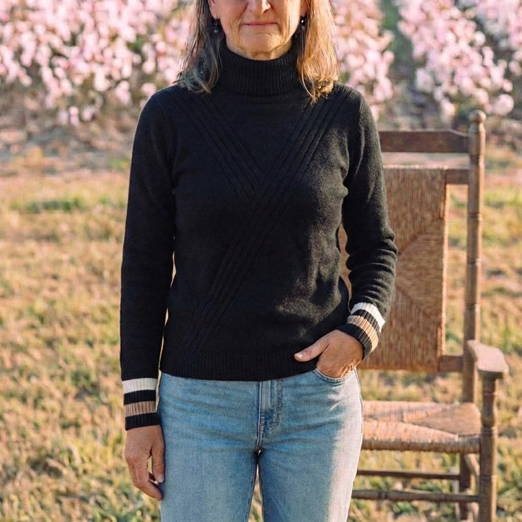 Cotton Turtleneck Sweater with Stripe Cuff
