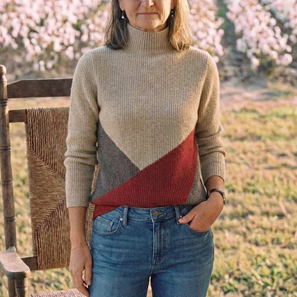 Cotton Turtleneck Sweater with Color-Block Stripes