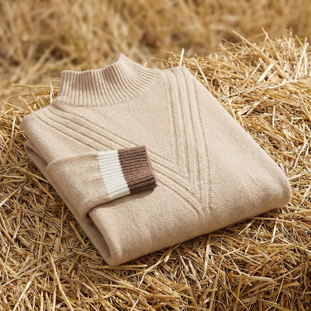 Cotton Turtleneck Sweater with Striped Cuff