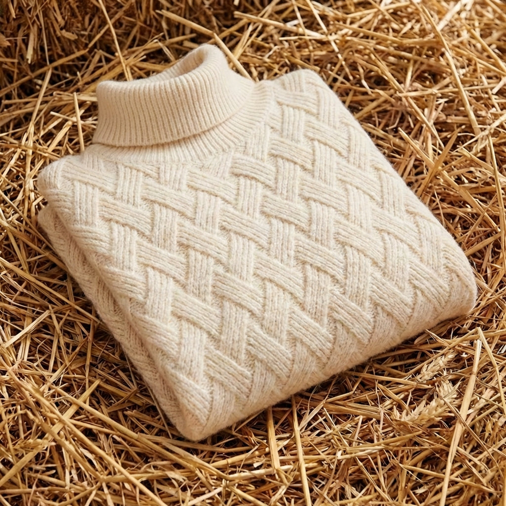 Cotton Turtleneck Sweater with Herringbone Knit