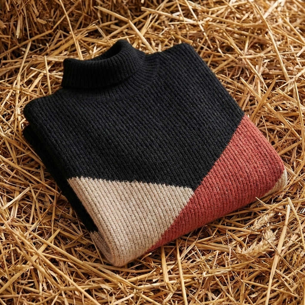 Cotton Turtleneck Sweater with Diagonal Color-Block
