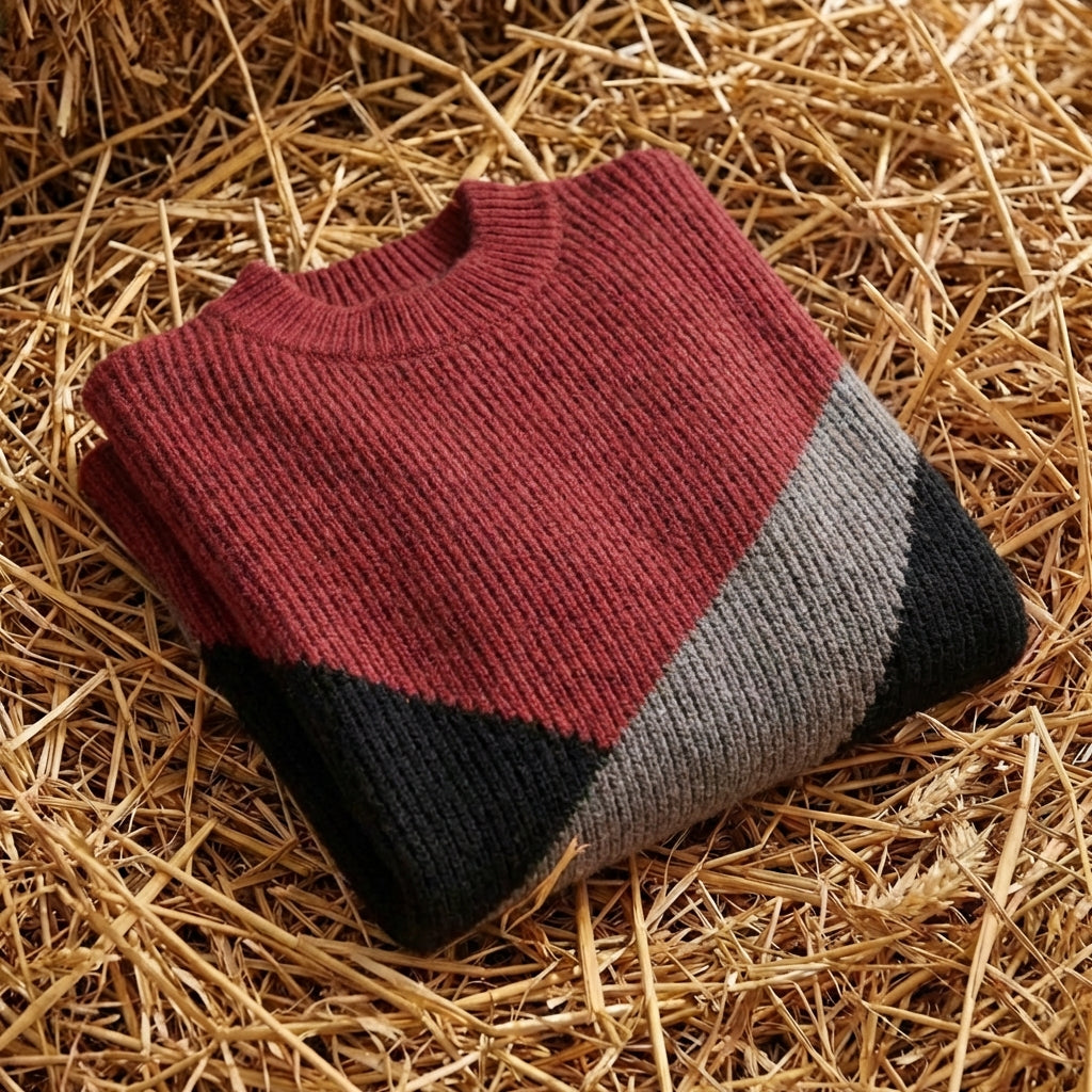 Cotton Turtleneck Sweater with Diagonal Color-Block