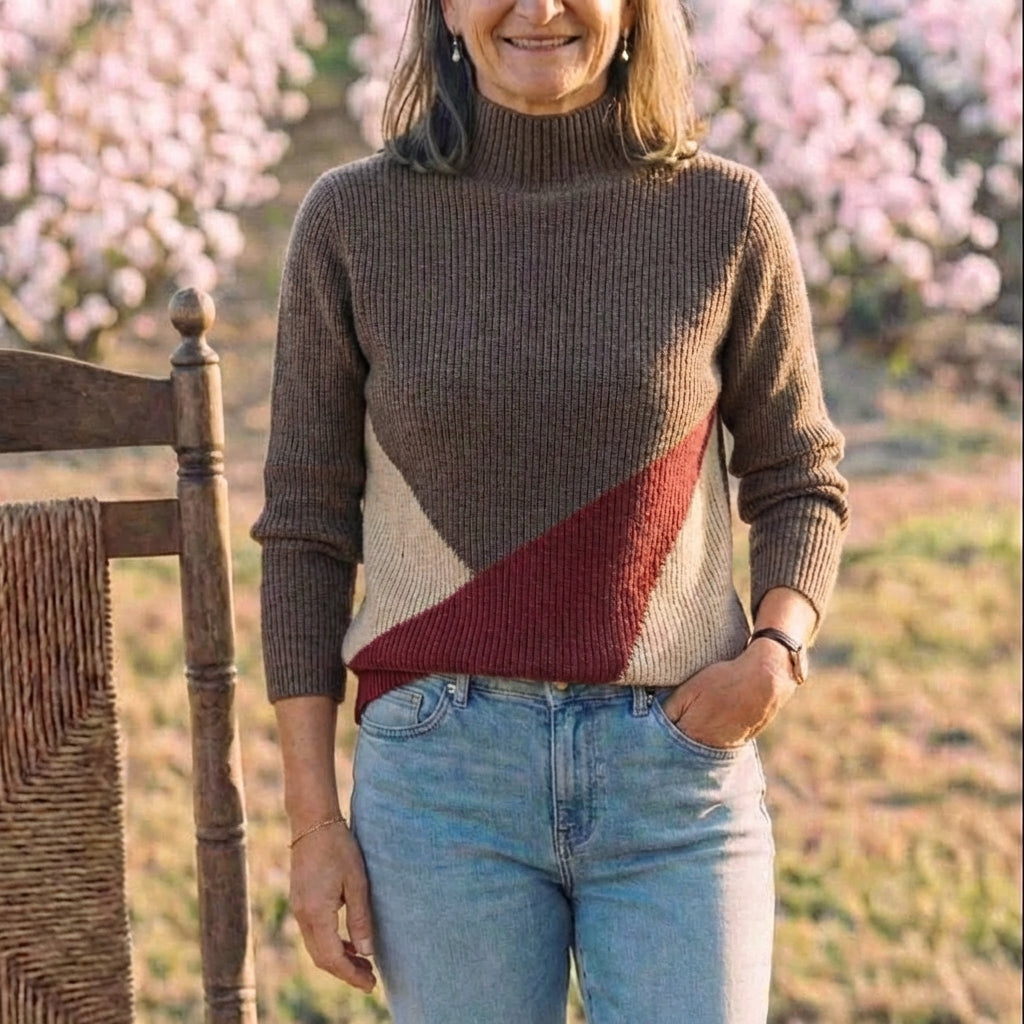 Cotton Turtleneck Sweater with Diagonal Color-Block