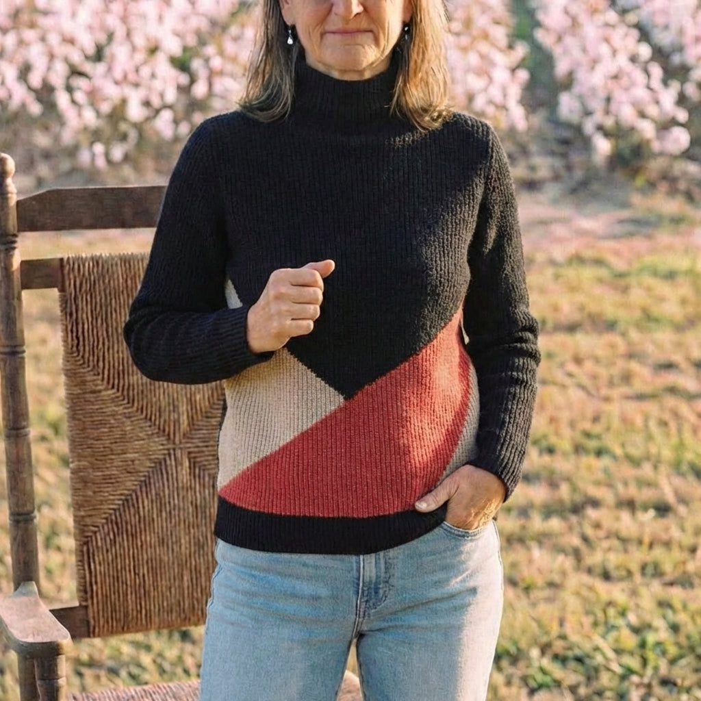 Cotton Turtleneck Sweater with Diagonal Color-Block