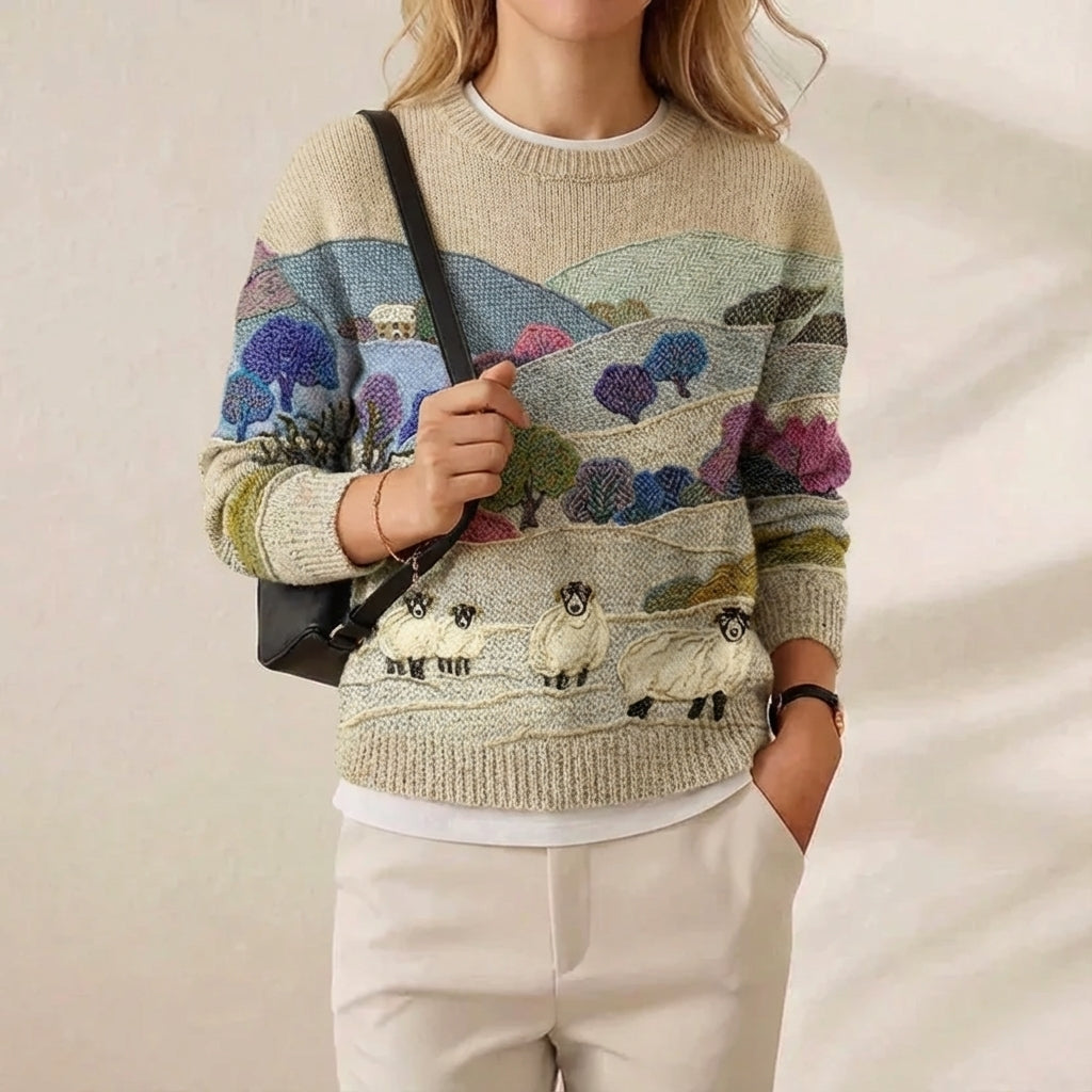 Cotton Sweater Multicolor with Landscape & Sheep