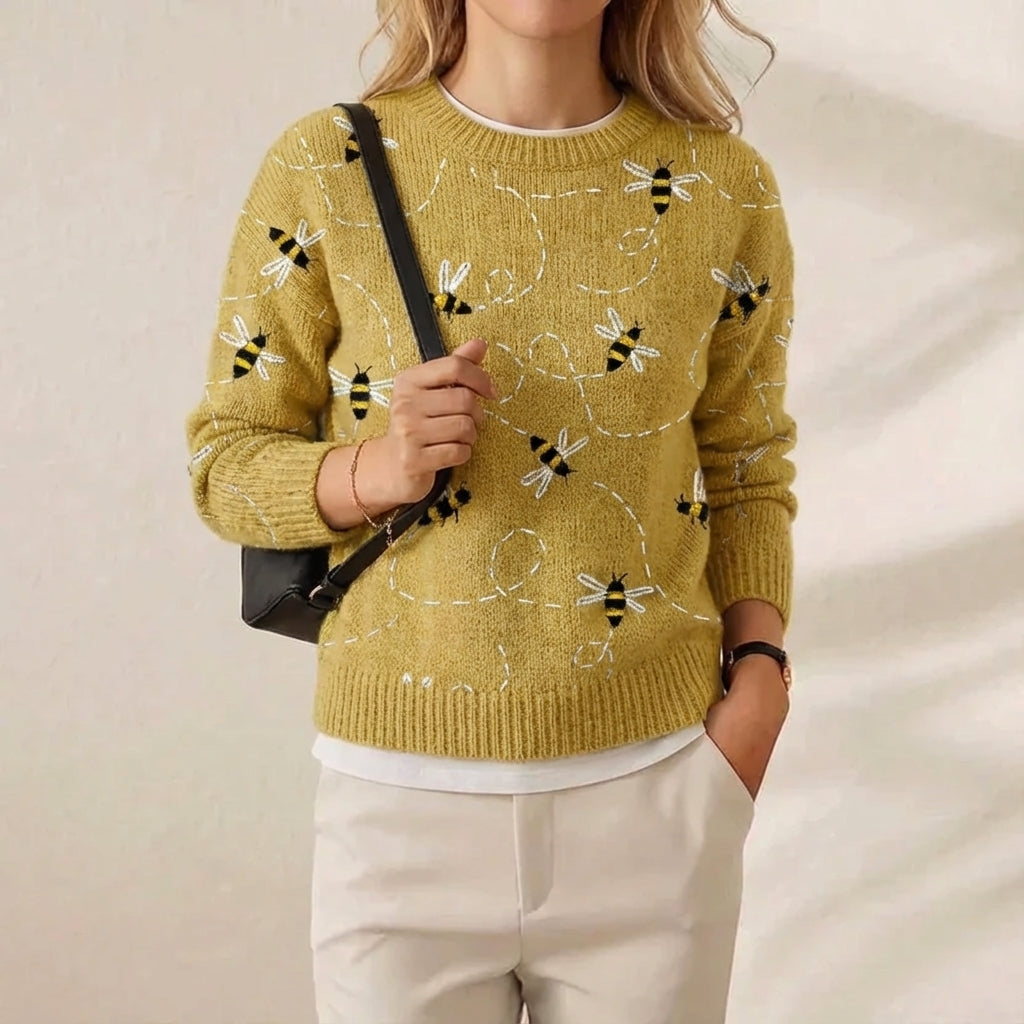 Cotton Sweater Mustard Yellow with Bee Pattern