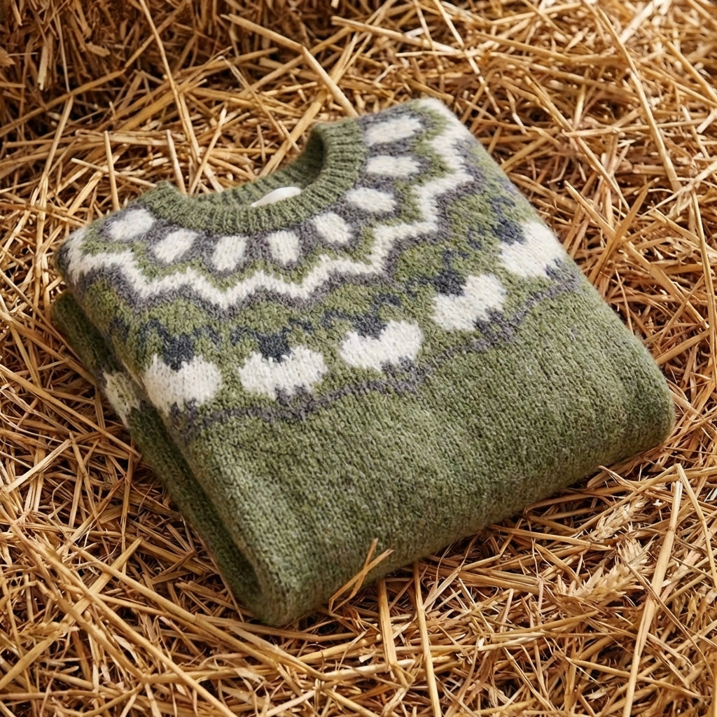 Cotton Sweater Olive with Sheep Pattern