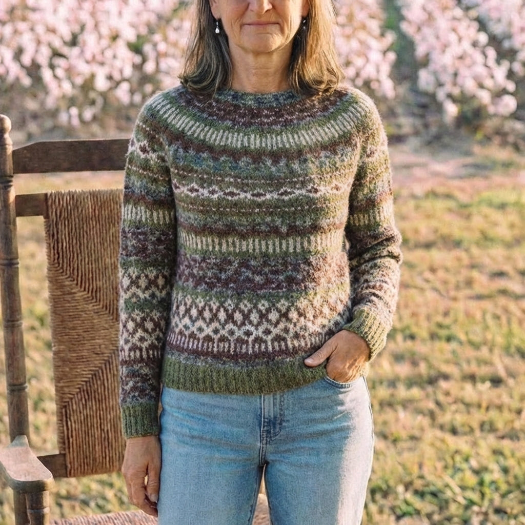 Cotton Sweater Olive with Abstract Pattern