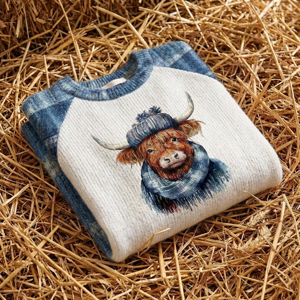 Cotton Sweater Blue & Cream with Highland Cow Pattern