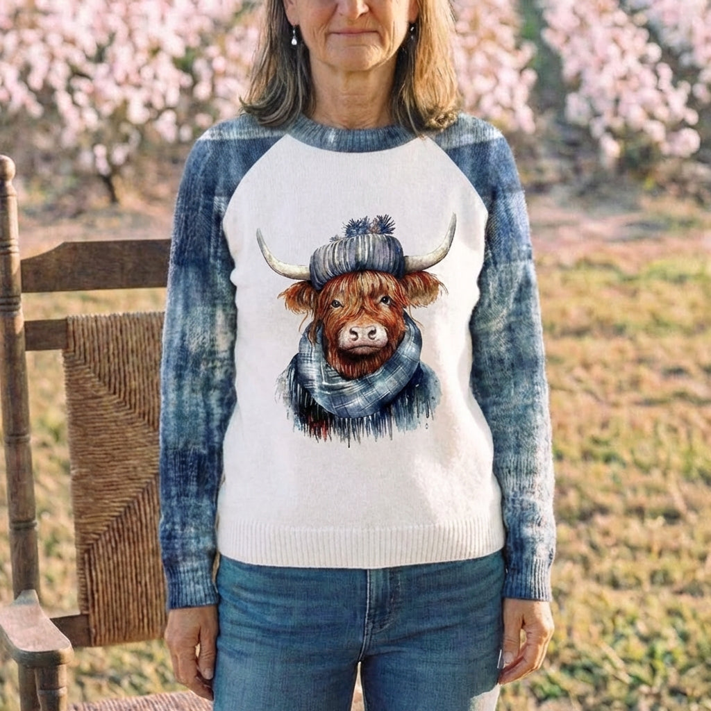 Cotton Sweater Blue & Cream with Highland Cow Pattern
