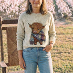 Cotton Sweater Cream with Highland Cow Pattern