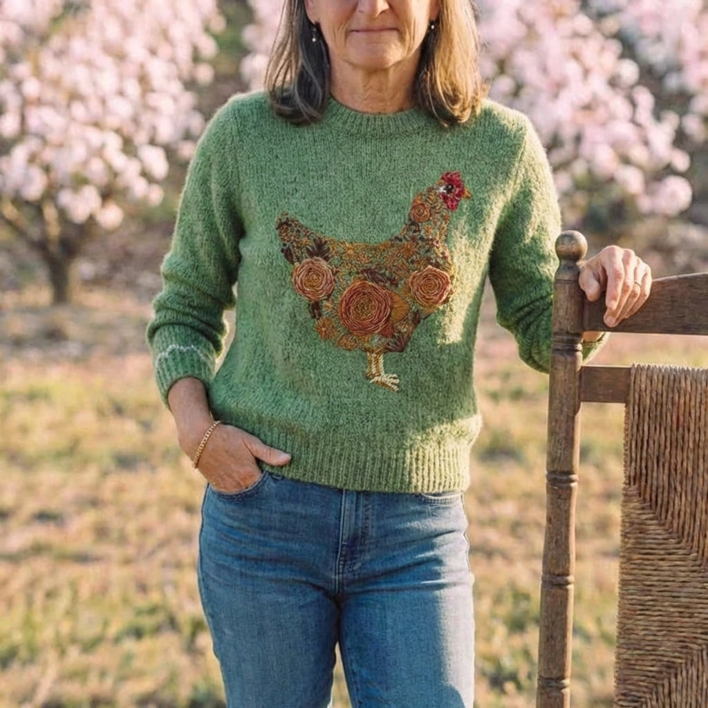Cotton Sweater Green with Floral Patterned Hen