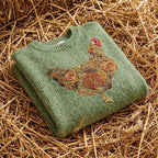 Cotton Sweater Green with Floral Patterned Hen