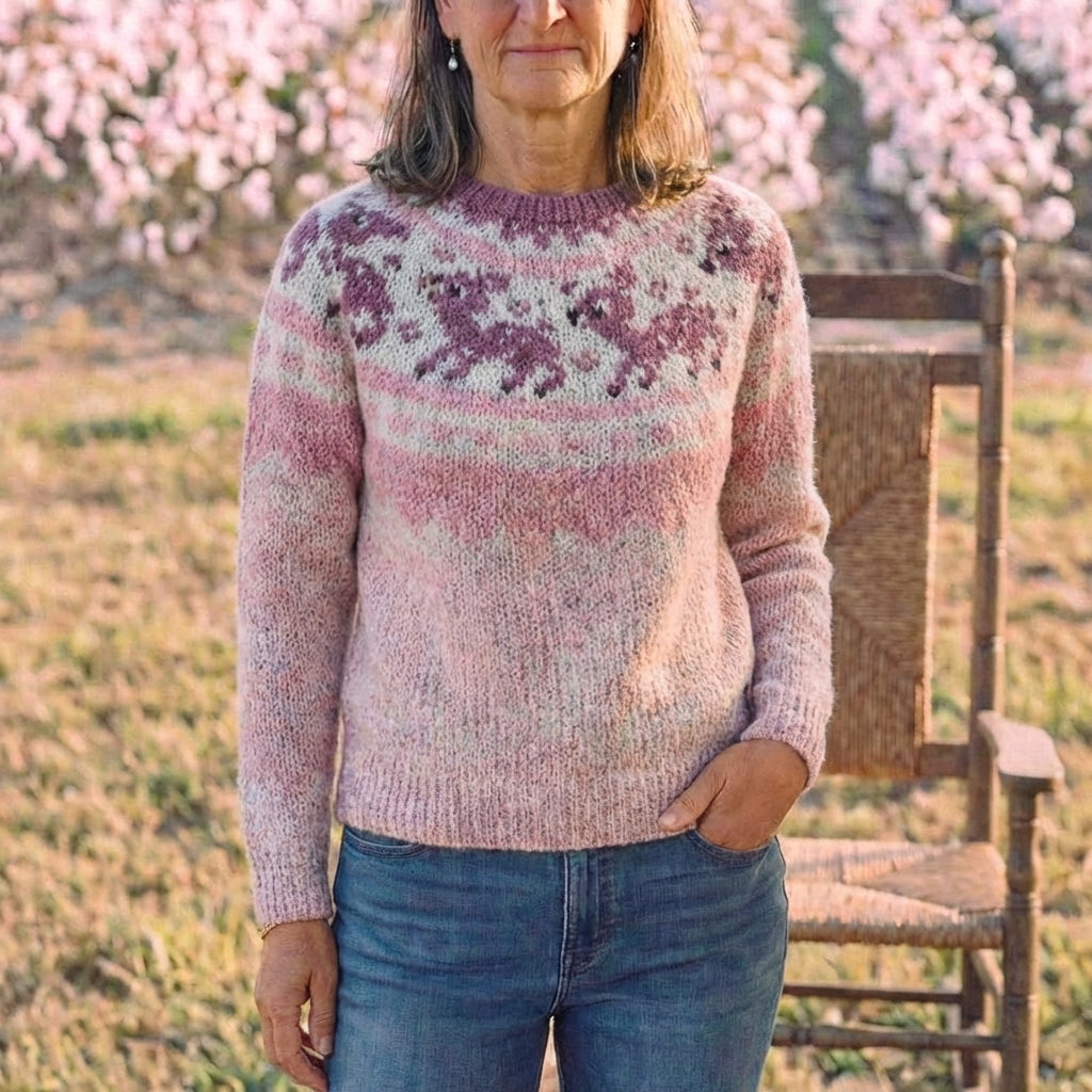 Cotton Mohair Sweater Pink with Reindeer Pattern