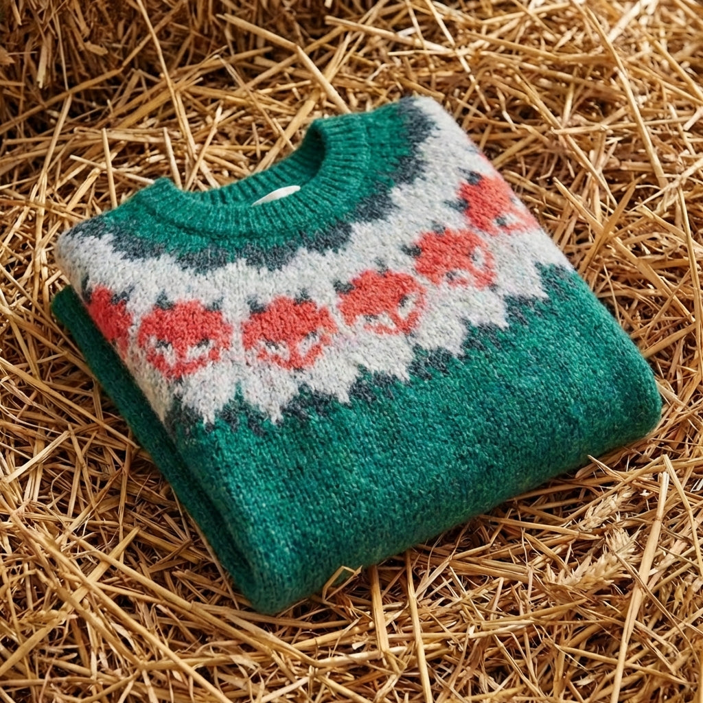 Cotton Mohair Sweater Teal with Fox Pattern