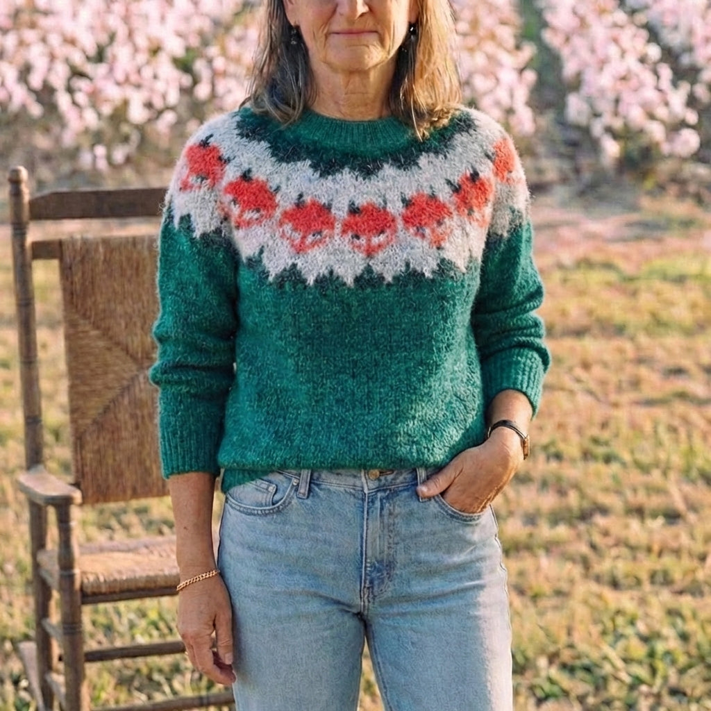 Cotton Mohair Sweater Teal with Fox Pattern