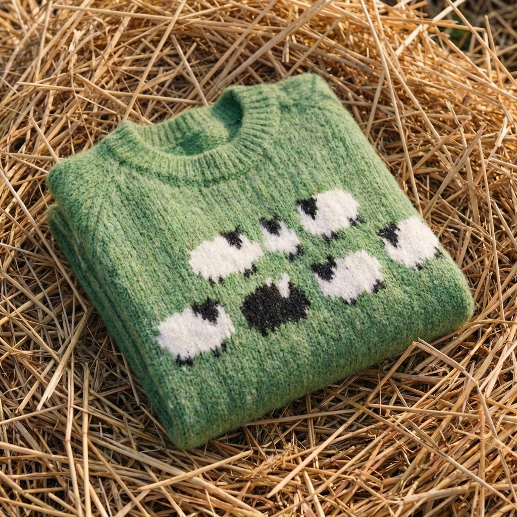 Cotton Sweater Green with Sheep Pattern
