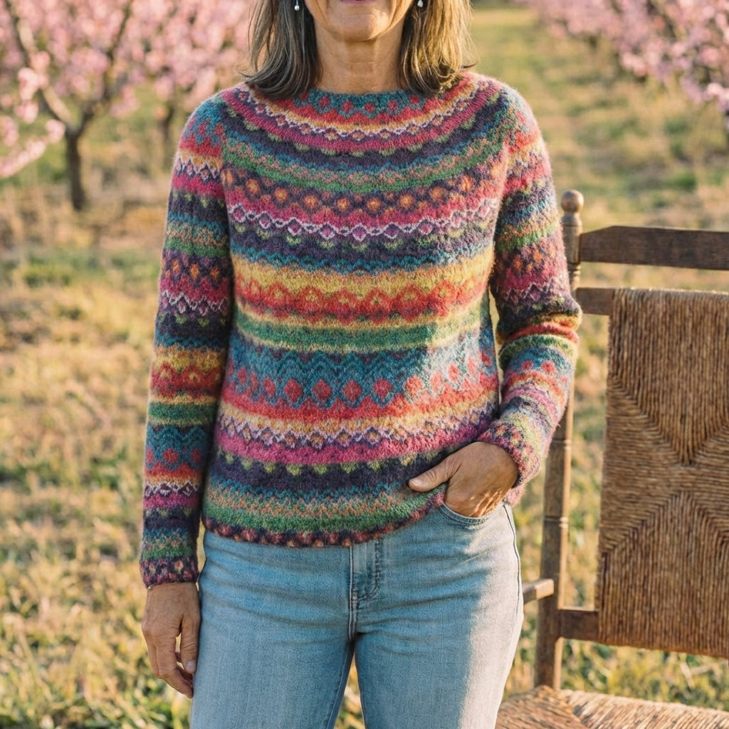 Cotton Sweater with Rainbow Fair Isle Stripes