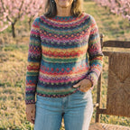 Cotton Sweater with Rainbow Fair Isle Stripes