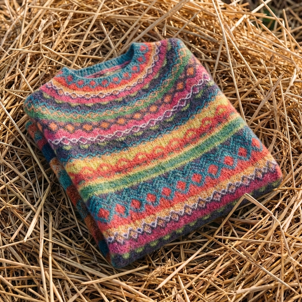 Cotton Sweater with Rainbow Fair Isle Stripes