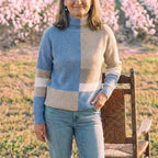 Cotton Sweater in Block Pattern Blue-Beige