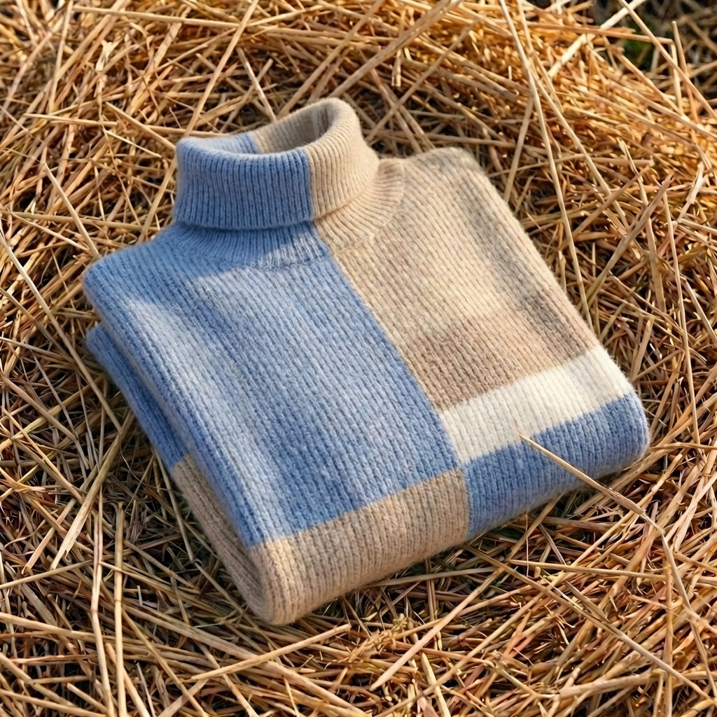 Cotton Sweater in Block Pattern Blue-Beige