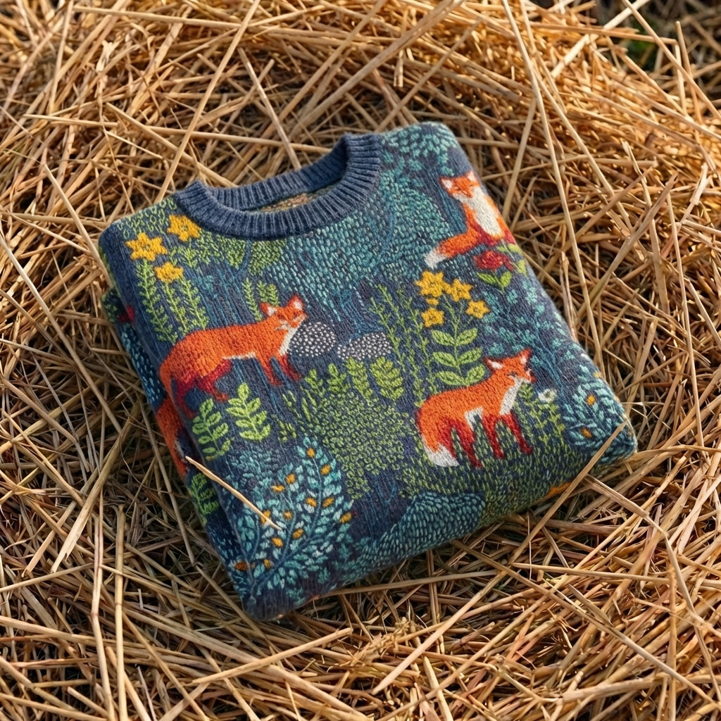 Cotton Sweater Navy with Fox & Forest Pattern