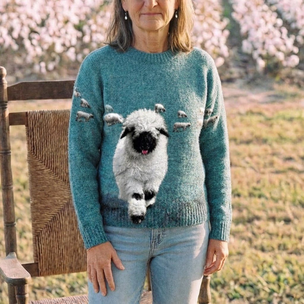 Cotton Sweater Teal with Sheep Pattern