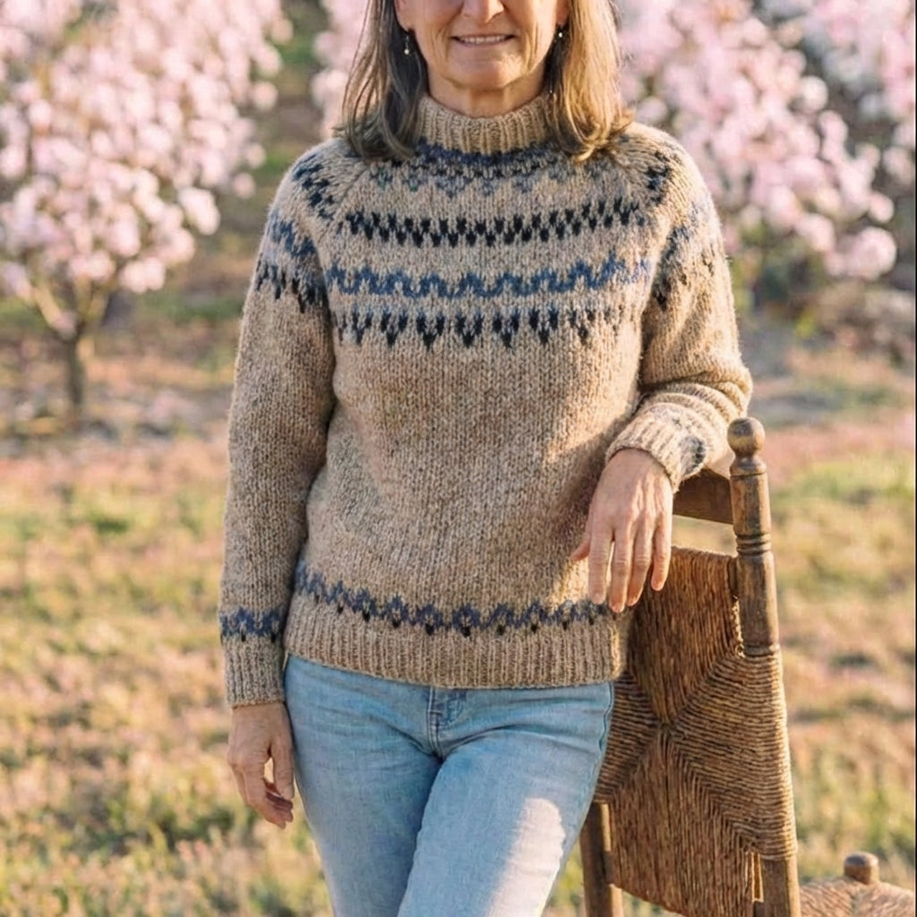 Cotton Sweater with Brown Fair Isle Yoke