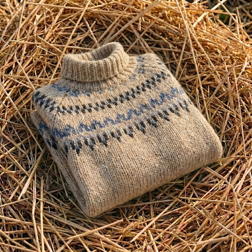 Cotton Sweater with Brown Fair Isle Yoke
