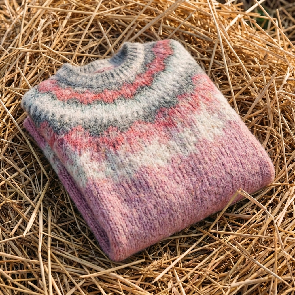Cotton Mohair Sweater Pink with Nordic Yoke